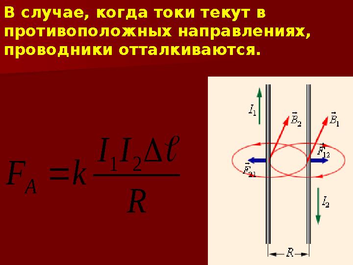 В случае, когда токи текут в противоположных направлениях, проводники отталкиваются.R I I k F A    2 1