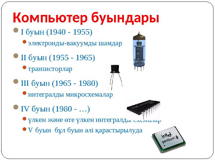 Компьютер буындары  I буын ( 1940 - 1955)  электронды-вакуумды шамдар  II буын ( 19 5 5 - 19 6 5)  транзисторлар  III