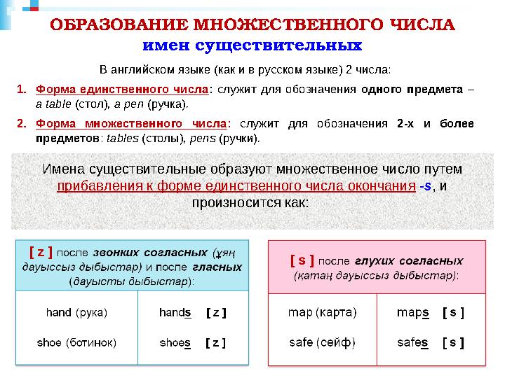 ОБРАЗОВАНИЕ МНОЖЕСТВЕННОГО ЧИСЛА имен существительных В английском языке (как и в русском языке) 2 числа: 1. Форма единственног