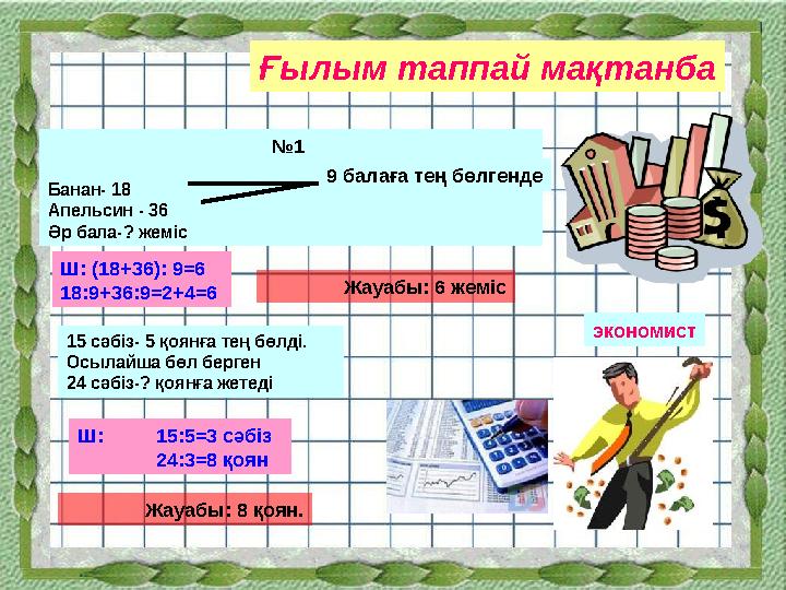 Ғылым таппай мақтанба № 1 Банан- 18 Апельсин - 36 Әр бала-? жеміс 9 балаға тең бөлгенде Жауабы: 6 жемісШ: (18+36): 9=6 18:9
