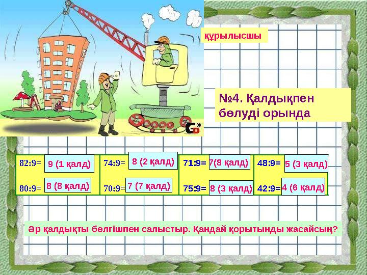 құрылысшы № 4. Қалдықпен бөлуді орында 82:9= 80:9= 74:9= 70:9= 71:9= 75:9= 48:9= 42:9= Әр қалдықты бөлгішпен салыстыр. Қандай