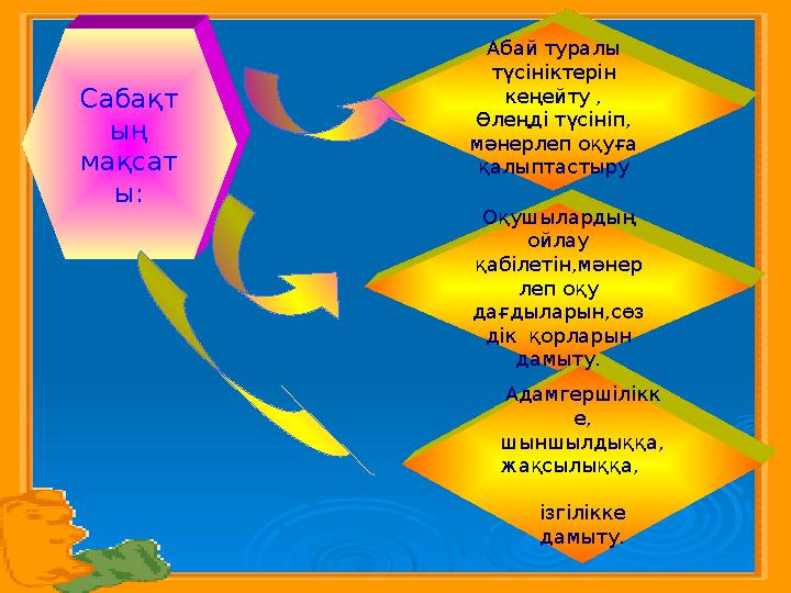 Сабақт ың мақсат ы: Адамгершілікк е, шыншылдыққа, жақсылыққа, ізгілікке дамыту.Оқушылардың ойлау қабі