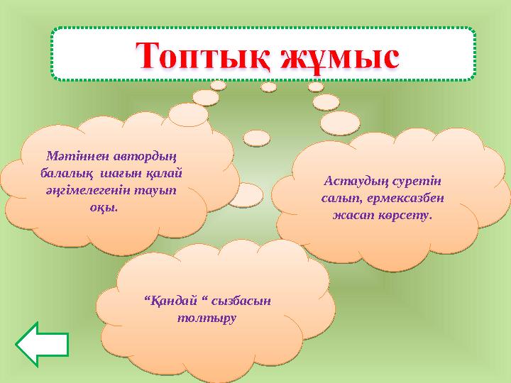 Астаудың суретін салып, ермексазбен жасап көрсету. “ Қандай “ сызбасын толтыруМәтіннен автордың балалық шағын қалай әңгіме