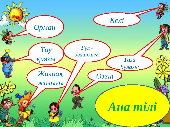 Ана тіліОрман Тау қияғы Жалпақ жазығы ӨзеніГүл - бәйшешегі Таза бұлағыКөлі
