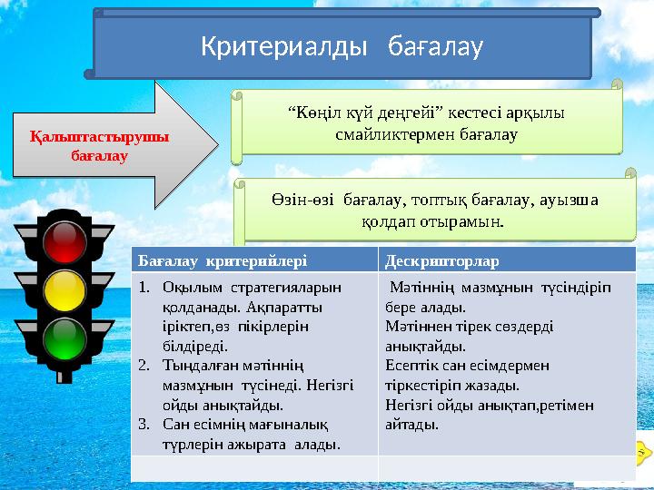 “ Көңіл күй деңгейі” кестесі арқылы смайликтермен бағалау Өзін - өзі бағалау, топтық бағалау, ауызша қолдап отырамын. Қалыпта