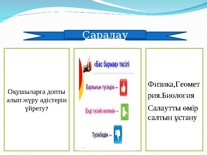 Саралау Оқушыларға допты алып жүру әдістерін үйрету ? Физика,Геомет рия.Биология Салаутты өмір салтын ұстану