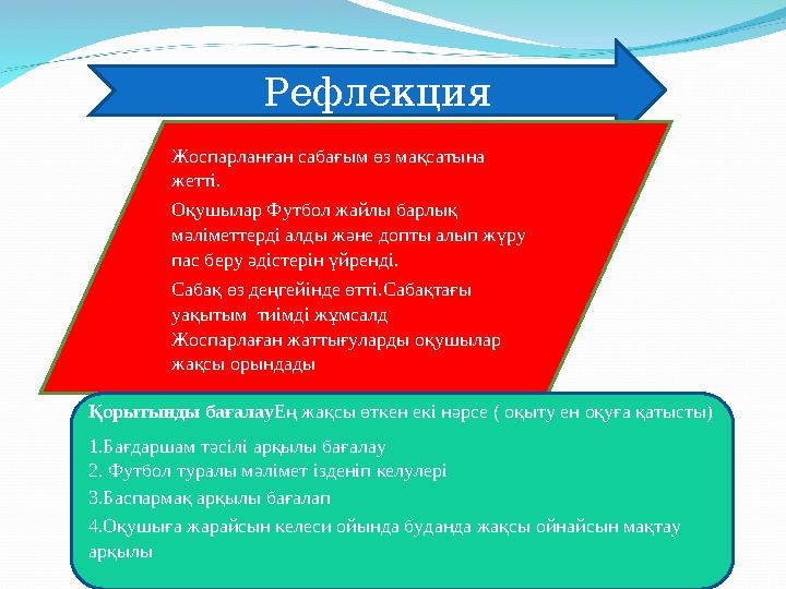 Рефлекция Жоспарланған сабағым өз мақсатына жетті. Оқушылар Футбол жайлы барлық мәліметтерді алды және допты алып жүру пас б