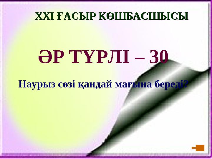 XXI XXI ҒАСЫР КӨШБАСШЫСЫҒАСЫР КӨШБАСШЫСЫ ӘР ТҮРЛІ – 30 Наурыз сөзі қ андай мағына береді?