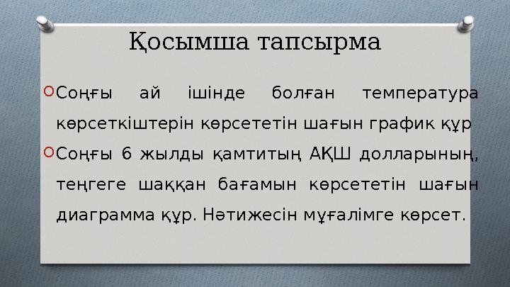 Қосымша тапсырма O Соңғы ай ішінде болған температура көрсеткіштерін көрсететін шағын график құр O Соңғы 6 жылды қамтиты