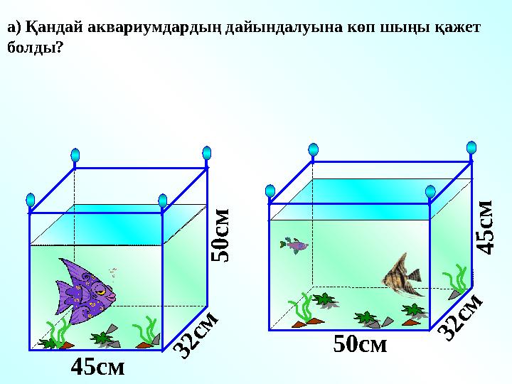 а) Қандай аквариумдардың дайындалуына көп шыңы қажет болды? 45см 4 5 с м 50см 5 0 с м 3 2 с м 3 2 с м