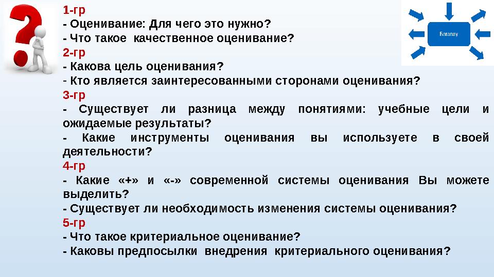 1-гр - Оценивание: Для чего это нужно? - Что такое качественное оценивание? 2-гр - Какова цель оценивания? - Кто является