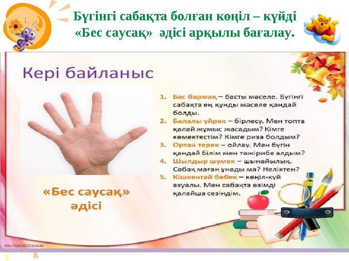 24 Бүгінгі сабақта болған көңіл – күйді «Бес саусақ» әдісі арқылы бағалау.