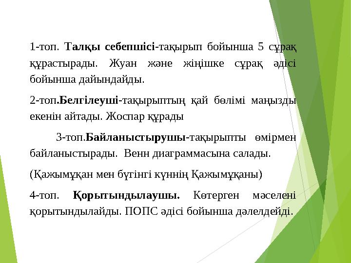 1-топ. Талқы себепшісі -тақырып бойынша 5 сұрақ құрастырады. Жуан және жіңішке сұрақ әдісі бойынша дайындайды. 2-то