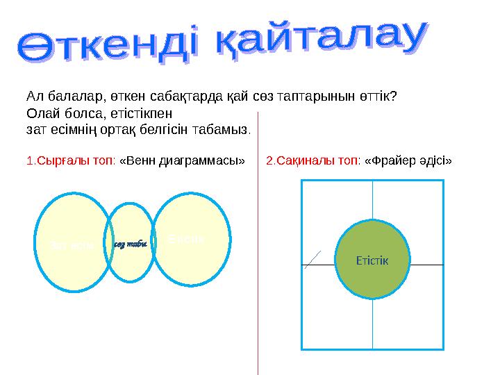 Ал балалар, өткен сабақтарда қай сөз таптарынын өттік? Олай болса, етістікпен зат есімнің ортақ белгісін табамыз . 1.Сырғалы т