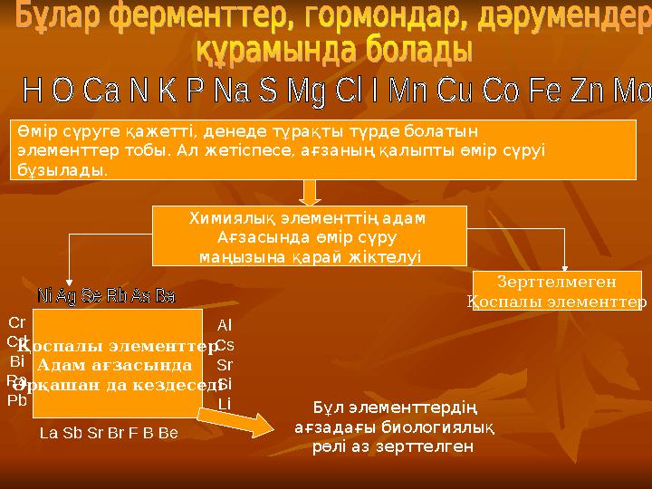 Өмір сүруге қажетті, денеде тұрақты түрде болатын элементтер тобы. Ал жетіспесе, ағзаның қалыпты өмір сүруі бұзылады. Химиялық