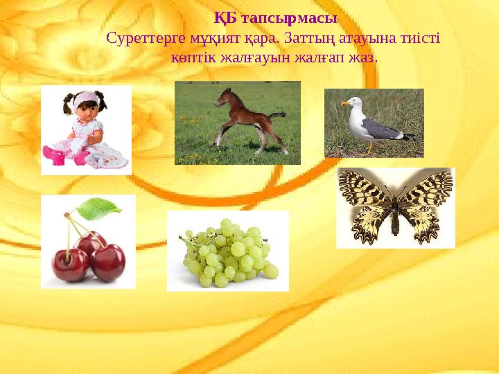 ҚБ тапсырмасы Суреттерге мұқият қара. Заттың атауына тиісті көптік жалғауын жалғап жаз.