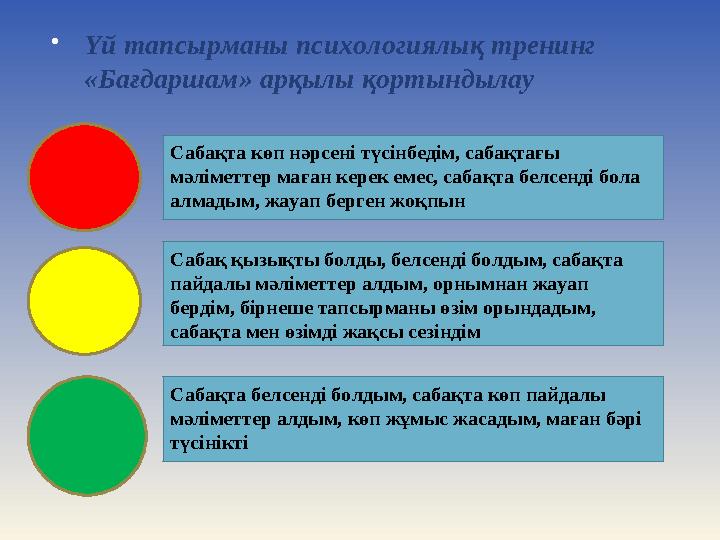  Үй тапсырманы психологиялық тренинг «Бағдаршам» арқылы қортындылау Сабақ қызықты болды, белсенді болдым, сабақта пайдалы мә