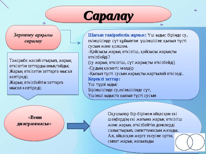 СаралауСаралау Зерттеу арқылы саралау Шағын тәжірибелік жұмыс: Үш ыдыс бірінде су, екіншісінде сүт құйылған үшіншісіне қызыл