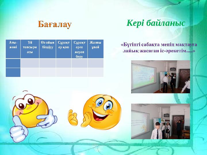 Аты- жөні Үй тапсырм асы Өз ойын білдіру Сұрақт ар қою Сұрақт арға жауап беру Жалпы ұпай Кері байла