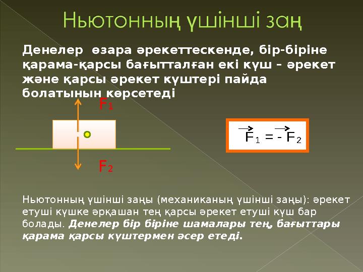 Денелер өзара әрекеттескенде, бір-біріне қарама-қарсы ба ғ ытталған екі күш – әрекет және қарсы әрекет күштері пайда болаты