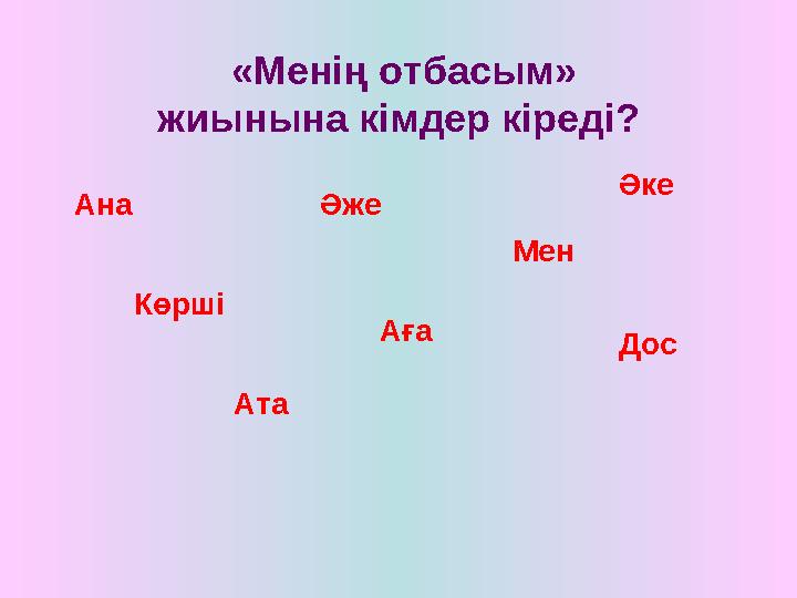 «Менің отбасым» жиынына кімдер кіреді? Ана Әже Әке Көрші Аға Мен Дос Ата