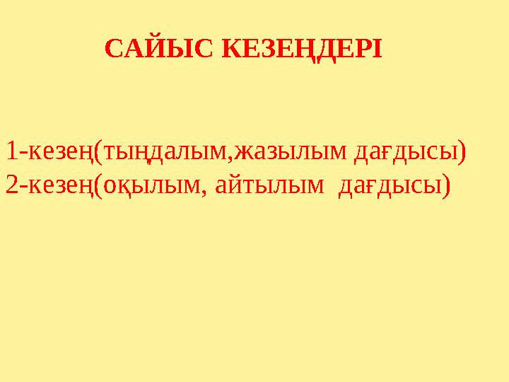 САЙЫС КЕЗЕҢДЕРІ 1-кезең(тыңдалым,жазылым дағдысы) 2 -кезең(оқылым, айтылым дағдысы)