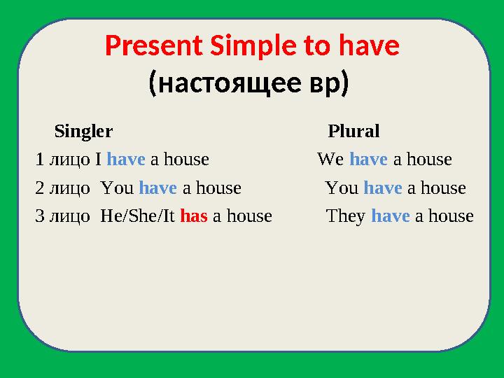 Present Simple to have (настоящее вр) Singler Plural 1 лицо I have a house