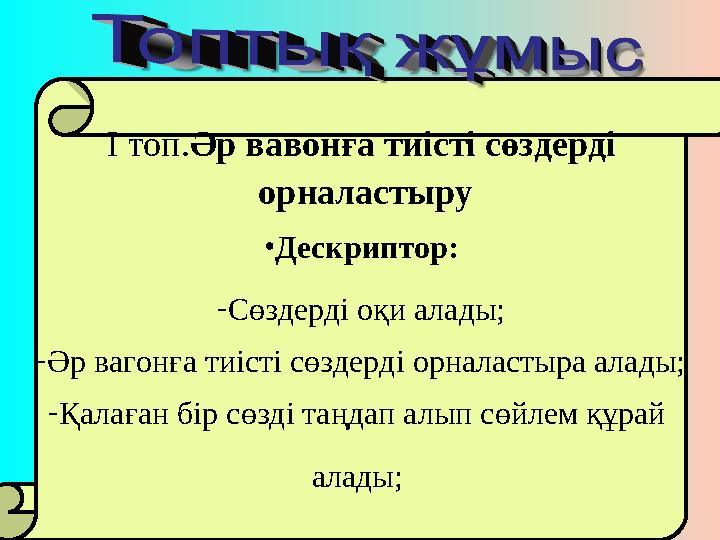 І топ. Әр вавонға тиісті сөздерді орналастыру • Дескриптор: - Сөздерді оқи алады; - Әр вагонға тиісті сөздерді орналастыра а