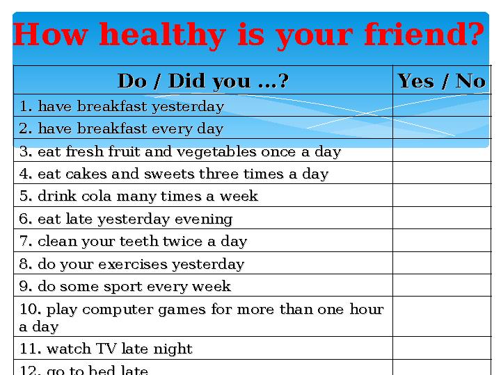 Do / Did you ...?Do / Did you ...? Yes / NoYes / No 1. have breakfast yesterday1. have breakfast yesterday 2. have breakfast eve