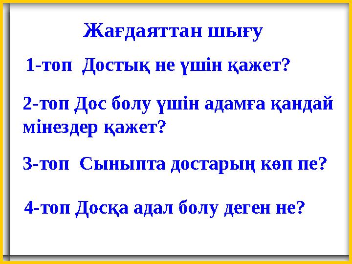 Жағдаяттан шығу 1-топ Достық не үшін қажет? 2-топ Дос болу үшін адамға қандай мінездер қажет? 3-топ Сыныпта достарың көп пе?