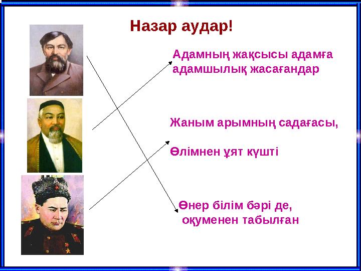 Назар аудар! Адамның жақсысы адамға адамшылық жасағандар Жаным арымның садағасы, Өлімнен ұят күшті Өнер білім бәрі де, оқ