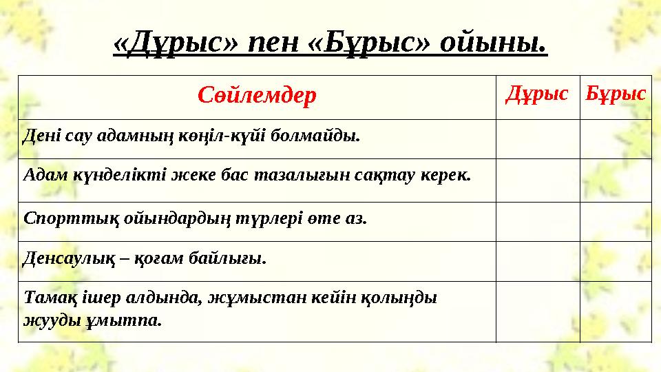 «Дұрыс» пен «Бұрыс» ойыны. Сөйлемдер Дұрыс Бұрыс Дені сау адамның көңіл-күйі болмайды. Адам күнделікті жеке бас тазалығын сақтау