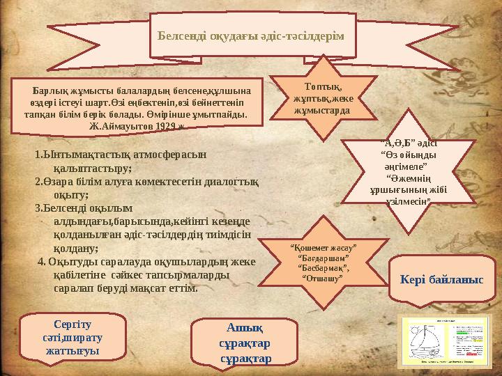 Барлық жұмысты балалардың белсене,құлшына өздері істеуі шарт.Өзі еңбектеніп,өзі бейнеттеніп тапқан білім берік болады. Өм