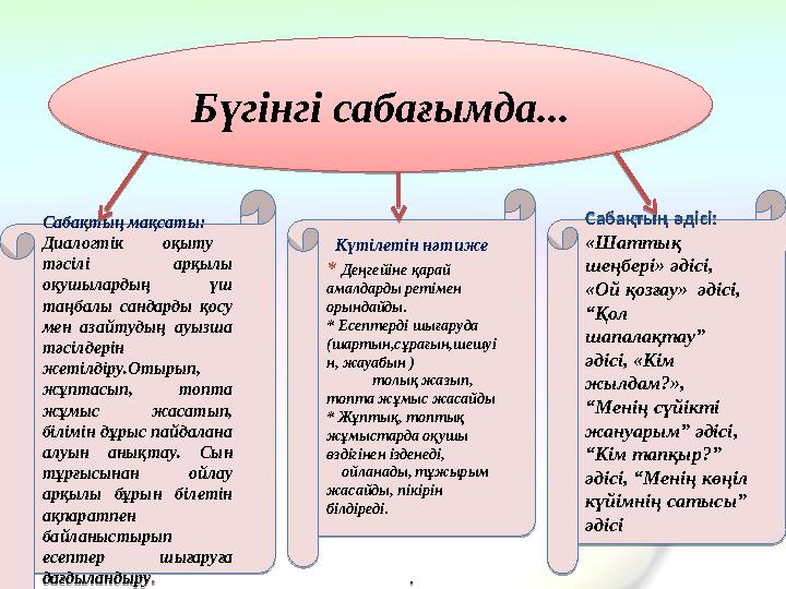 Күтілетін нәтиже * Деңгейіне қарай амалдарды ретімен орындайды. * Есептерді шығаруда (шартын,сұрағын,шешуі н, жауабын )
