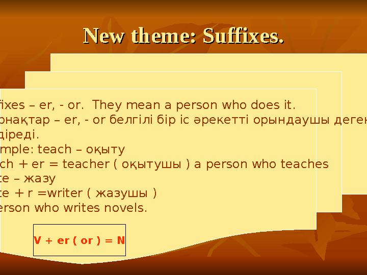 New theme: Suffixes.New theme: Suffixes. Suffixes – er, - or. They mean a person who does it. Жұрнақтар – er, - or белгілі бі