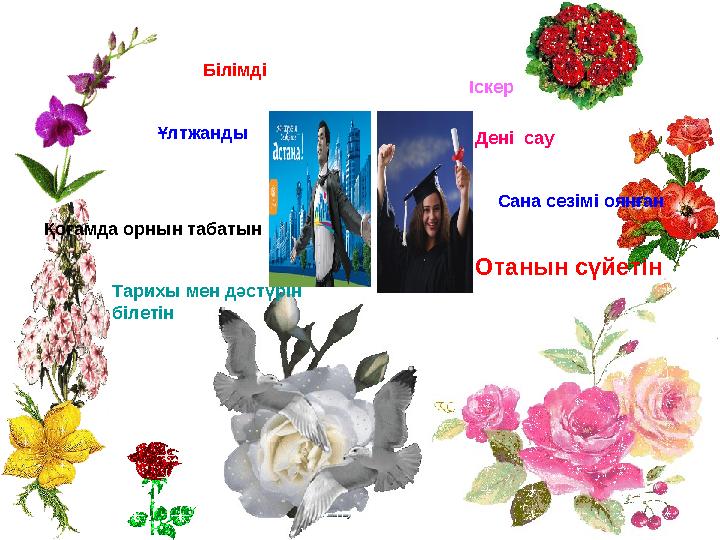 Білімді Ұлтжанды Қоғамда орнын табатын Тарихы мен дәстүрін білетін Іскер Дені сау Сана сезімі оянған Отанын сүйетін
