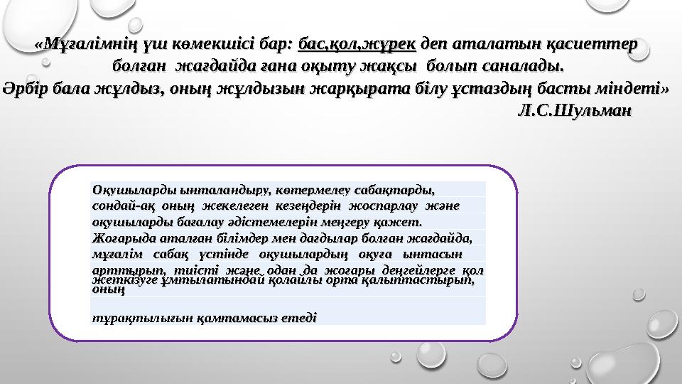 «Мұғалімнің үш көмекшісі бар: «Мұғалімнің үш көмекшісі бар: бас,қол,жүрекбас,қол,жүрек деп аталатын қасиеттер деп аталатын қа