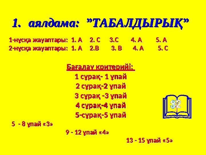 1.1. аялдама: ”ТАБАЛДЫРЫҚ”аялдама: ”ТАБАЛДЫРЫҚ” 1-нұсқа жауаптары: 1. А 2. С 3.С 4. А 5. А 1-нұсқ