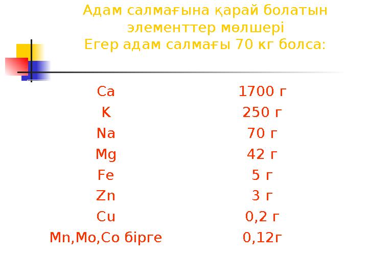 Адам салмағына қарай болатын элементтер мөлшері Егер адам салмағы 70 кг болса: Ca 1700 г K 250 г Na 70 г Mg 42 г Fe 5 г Zn 3 г