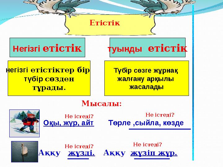 Негізгі етістік негізгі етістіктер бір түбір сөзден тұрады . Түбір сөзге жұрнақ жалғану арқылы жасаладытуынды етістікЕті