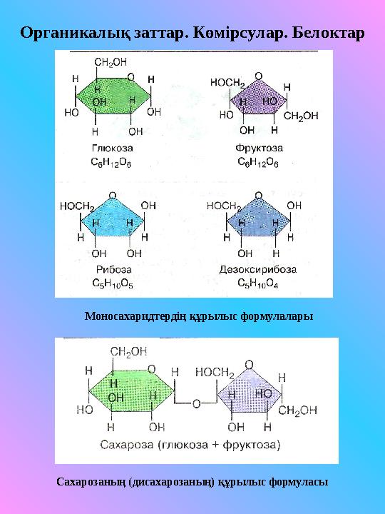 Органикалық заттар. Көмірсулар. Белоктар Моносахаридтердің құрылыс формулалары Сахарозаның (дисахарозаның) құрылыс формуласы