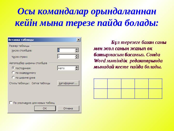 Осы командалар орындалғаннан кейін мына терезе пайда болады: Бұл терезеге баған саны мен жол санын жазып ок батырмасын басамы