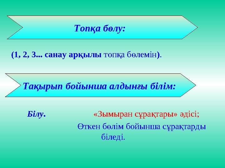 Білу . «Зымыран сұрақтары» әдісі; Өткен бөлім бойынша сұрақтарды біледі.Тақыры