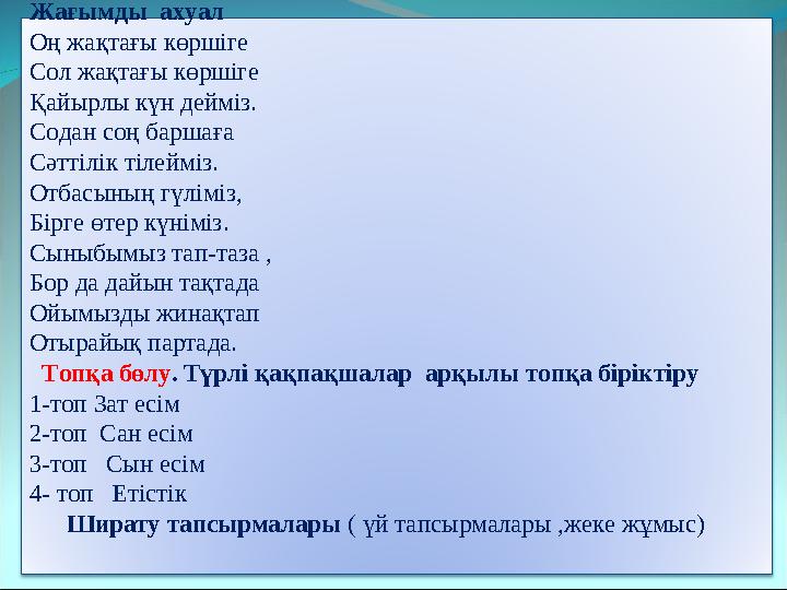 Жағымды ахуал Оң жақтағы көршіге Сол жақтағы көршіге Қайырлы күн дейміз. Содан соң ба