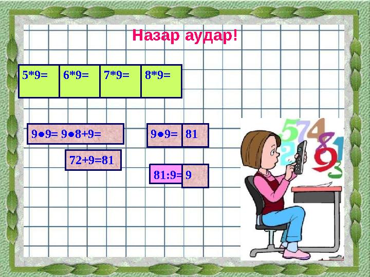 Назар аудар! 5 * 9 = 6*9 = 7*9 = 8 * 9 = 81:9 =9●9 =9●9 = 9●8+9 = 72+9 = 81 81 9