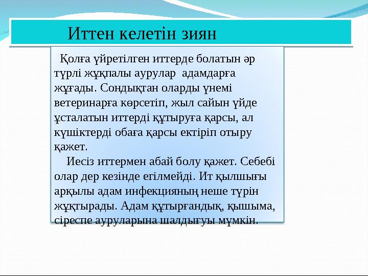 Иттен келетін зиян Қолға үйретілген иттерде болатын әр түрлі жұқпалы аурулар адамдарға жұғады. Со