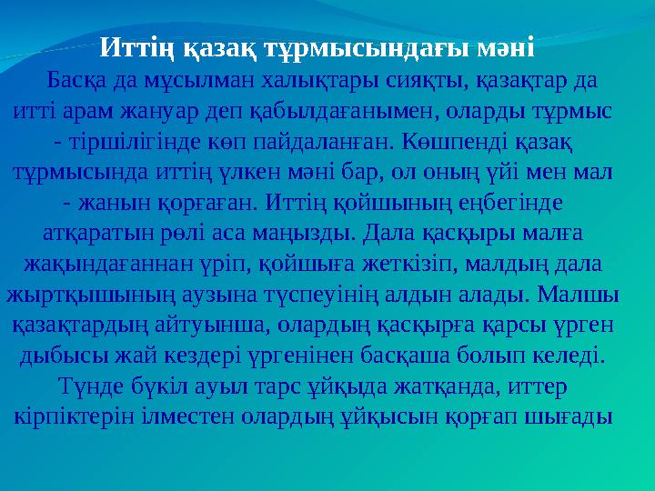 Иттің қазақ тұрмысындағы мәні Басқа да мұсылман халықтары сияқты, қазақтар да итті арам жануар деп қабылдағанымен, олар