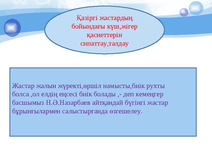 Жастар жалын жүректі,өршіл намысты,биік рухты болса ,ол елдің еңсесі биік болады ,- деп кемеңгер басшымыз Н.Ә.Назарбаев айтқан