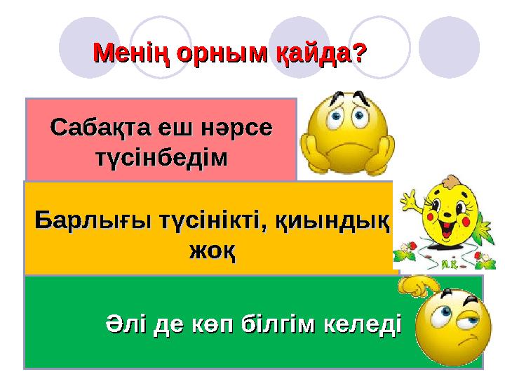 Менің орным қайдаМенің орным қайда ?? Сабақта еш нәрсе Сабақта еш нәрсе түсінбедімтүсінбедім Барлығы түсінікті, қиындық Барлығы