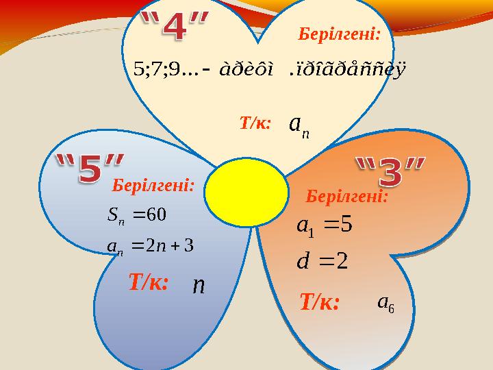 Т/к : 3 2 60    n a S n n n n a ïðîãðåññèÿ àðèôì . ... 9; 7; 5  2 5 1   d a 6 a Берілгені : Берілгені : Бері